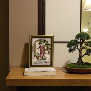 Vintage 80’s Handmade Crewel “Oriental Pond” Geisha Framed Embroidery